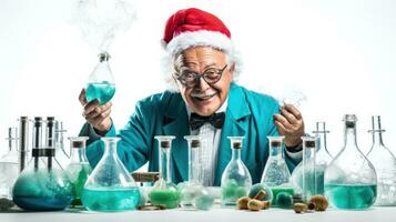 Scientist conducting experiments in New Years attire isolated on a white background photo