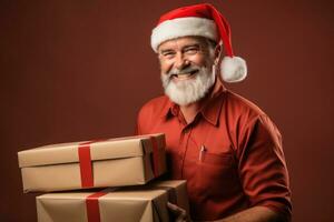 A courier delivering holiday packages in festive New Years attire isolated on a gradient background photo