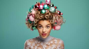 Hairstylist creating festive hairstyles in New Years attire isolated on a gradient background photo