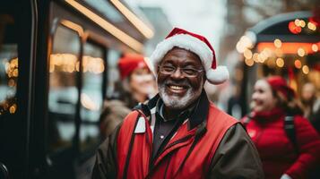 Bus driver in festive New Years uniform cheerfully guiding holiday tour passengers photo