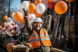 Construction worker in New Years attire cheerfully decorating the site photo