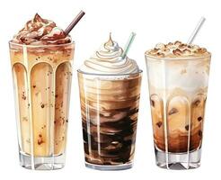 watercolor drawing, set with coffee drinks in glasses. sweet cold coffee drinks with milk and whipped cream. AI generated photo