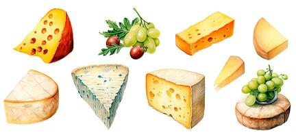 acuarela dibujo, conjunto de diferente tipos de queso. realista ilustración en Clásico estilo. ai generado foto