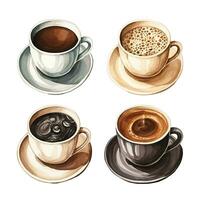 acuarela dibujo, conjunto de café tazas. Café exprés, capuchino, latté. ilustraciones en Clásico estilo. ai generado foto