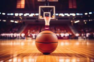 Basketball ball on court with stadium background. Generative AI photo