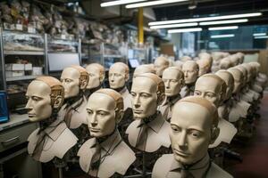 Robots with human faces working in office. Generative AI photo