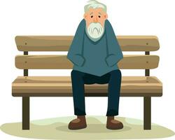 solitario triste antiguo hombre sentado en un parque banco plano estilo vector ilustración, antiguo chico en un de madera parque banco valores vector imagen