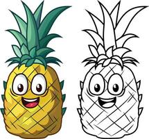 Pineapple cartoon mascot vector illustration, Pineapple excellent fruit character colored and black and white line art stock vector image