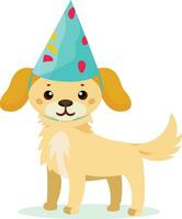 Dog birthday, dog wearing a birthday hat, flat style vector illustration, Puppy on its birthday, puppy wearing a birthday hat stock vector image