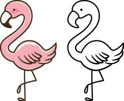 Cute Flamingo doodle style vector illustration, phoenicopterus , ruber bird, finch doodle cartoon style colored and black and white line art for coloring book stock vector image