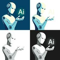 Humanoid AI robot delicately holding a glowing word spelling AI, symbolizing the AI symbiosis stock vector image