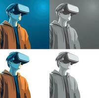 Man wearing a VR headset in a digital universe vector illustration, guy wearing a virtual reality headset stock vector image