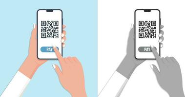 hembra mano participación un qr código, pagar con qr código concepto, vector ilustración, rápido respuesta pago, sin contacto pago, móvil pago, plano estilo valores vector imagen