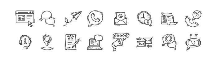 Doodle contact us icons set. Sketch customer support service, communication, help desk, information and client review symbols. Hand drawn cell phone, mail, emal, fax, location, web page  llustartion vector