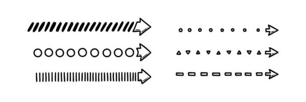 Set of doodle dot, dash, circle direct narrow arrow. Sketchy scribble line. Digital design element. Hand drawn click vector illustration