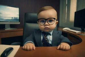 Serious baby boss office in glasses. Generate Ai photo