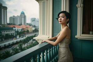 Singapore view woman on balcony. Generate Ai photo