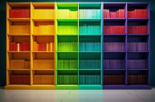 Colorful folders bookshelves rainbow. Generate Ai photo