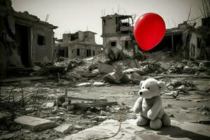 guerra juguete con rojo globo desastre. generar ai foto
