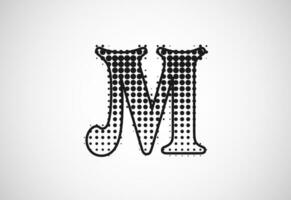 Letter M logo in halftone dots style, Dotted shape logotype vector design.