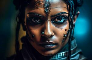 Indian woman closeup portrait with face tattoo. Generate Ai photo