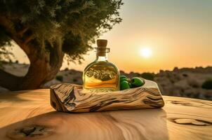Extra virgin olive oil bottle sunset nature. Generate ai photo