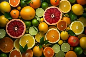 Fresh citruses fruits slices background top view. Generate Ai photo