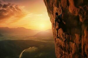 Climbing sunset rock nature. Generate Ai photo