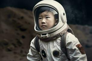 Asian boy dressed space suit cute pilot. Generate Ai photo