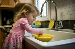 pequeño niña Lavado plato doméstico. generar ai foto