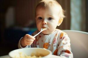 niño comer cuchara. generar ai foto