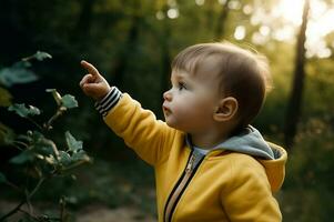 niño explorar naturaleza. generar ai foto