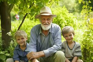 Grandfather with grandchildren in green garden. Generate Ai photo