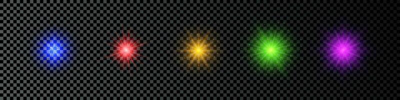 Light effect of lens flares. Set of five multicolor glowing lights starburst effects with sparkles on a dark background. Vector illustration