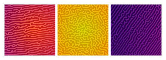 Set of three colorful turing reaction gradient backgrounds. Abstract diffusion pattern with chaotic shapes. Vector illustration.