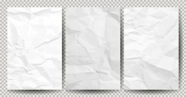 Set of white clean crumpled papers on transparent background. Crumpled empty sheets of paper with shadow for posters and banners. Vector illustration