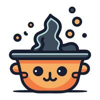 Cute vector illustration of a pot with a smiling face and a bowl of food.