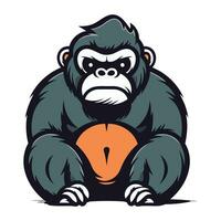 Gorilla with an orange in his hand. Vector illustration.