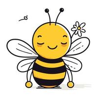 Cute cartoon bee with flower. Vector illustration isolated on white background.