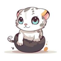 Cute cartoon cat sitting on a big stone. Vector illustration.