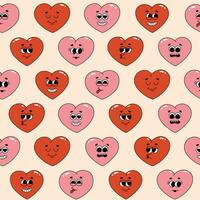 Seamless pattern of groovy hippie hearts. Cartoon characters in trendy retro style on pink background. Vector illustration