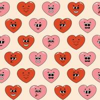 Seamless pattern of groovy hippie hearts. Cartoon characters in trendy retro style on pink background. Vector illustration