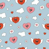 Seamless pattern of groovy hearts, flowers and clouds. Cartoon characters and elements in trendy retro style on blue background. Vector illustration