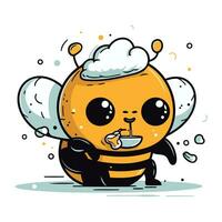 Cute cartoon bee with a cup of coffee. Vector illustration.