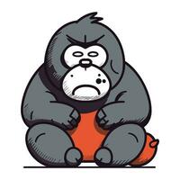 Vector illustration of a gorilla sitting on an orange ball. Cartoon style.