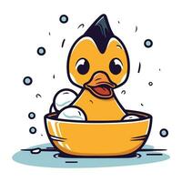 Cute cartoon duckling in a bowl of water. Vector illustration.