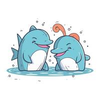 Vector illustration of two cute cartoon dolphins in love. Isolated on white background.