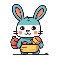 Cute Easter bunny holding a basket of eggs. Vector illustration.