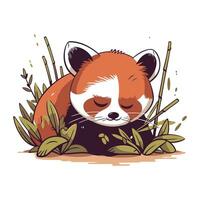 Cute red panda sitting in the grass. Vector illustration.