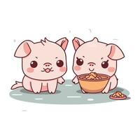 Cute cartoon pigs with bowl of cereals. Vector illustration.